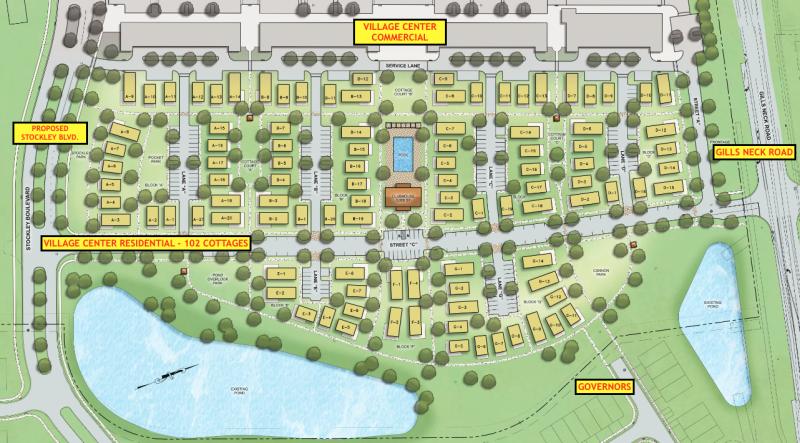 Village Center Cottages, adjacent to the Village Center shopping complex and the Governors community, would have 102 cottage-style units on a 25.5-acre parcel near the Kings Highway-Gills Neck Road intersection. DAVIS, BOWEN, FRIEDEL GRAPHIC